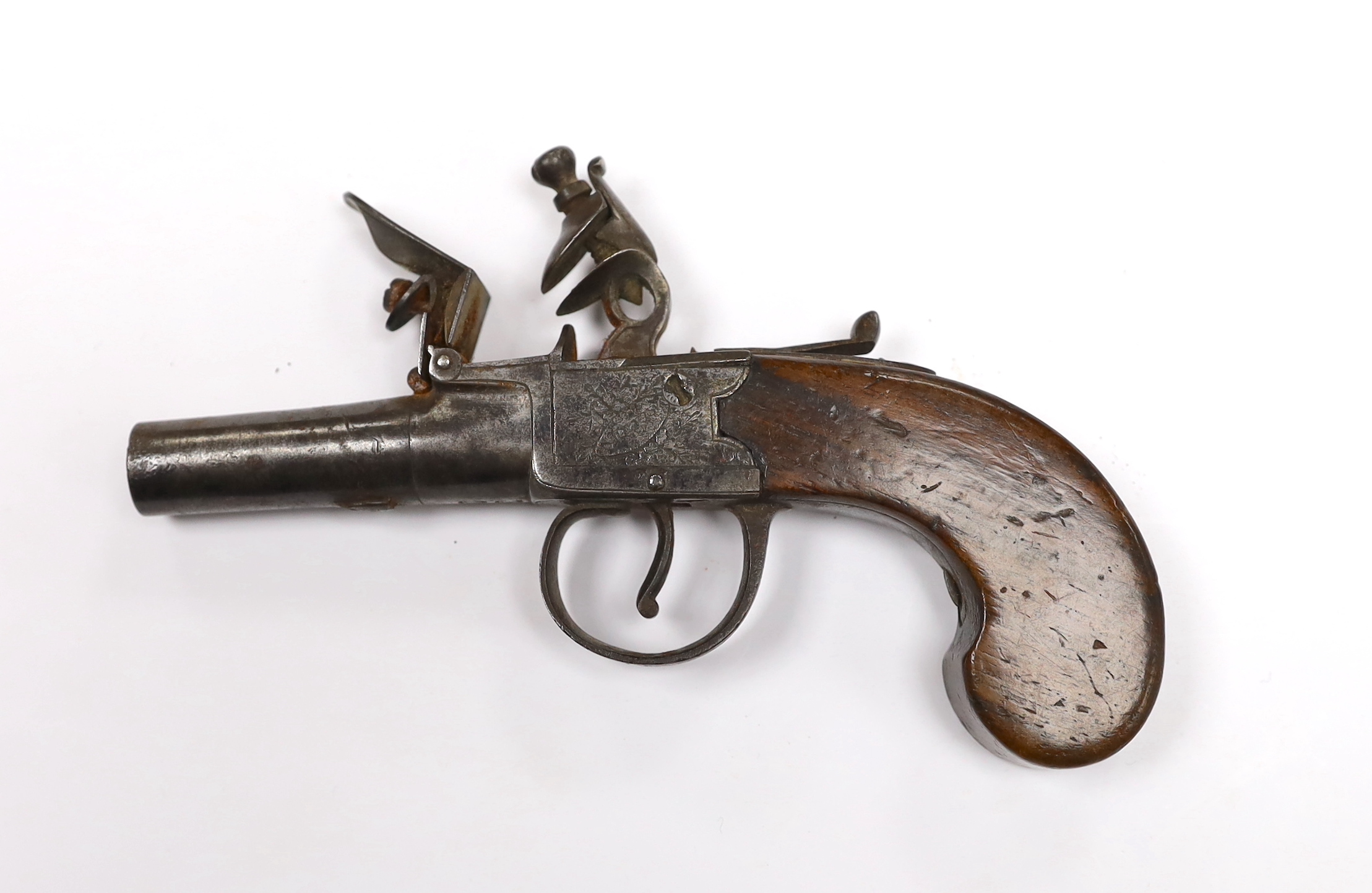 A flintlock pocket pistol, c.1830, frame engraved with trophies of flags, maker Stevens, Crooked Lane